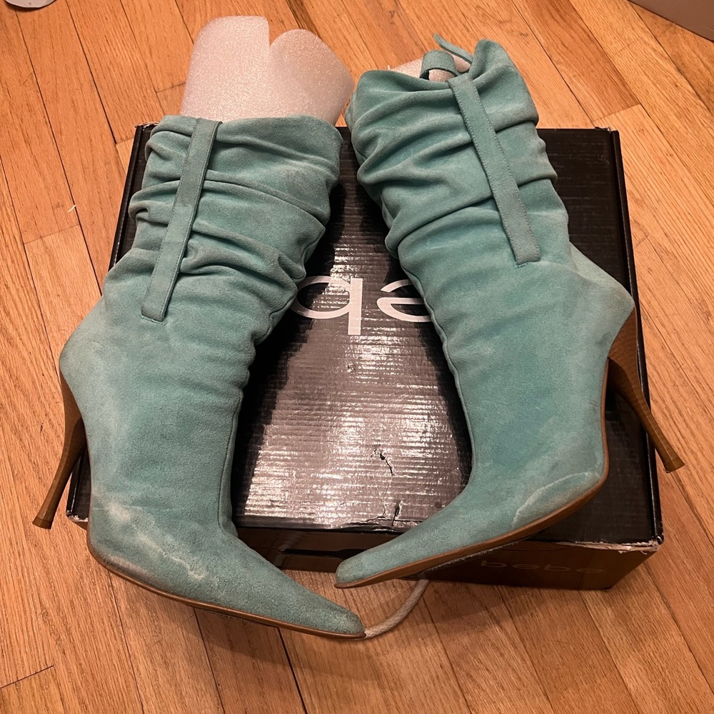 Bebe Y2K Pointy Toe Slouch Boots Aqua, Teal Suede/Leather